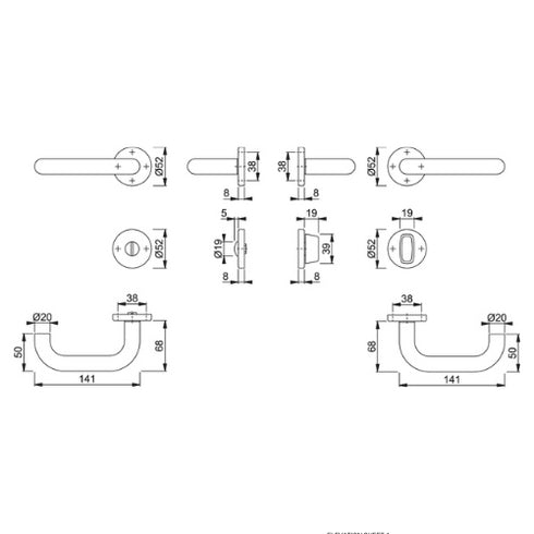 Antimicrobial HOPPE Paris stainless steel Bathroom/WC handle set with Quick-Fit for 37-47mm doors.